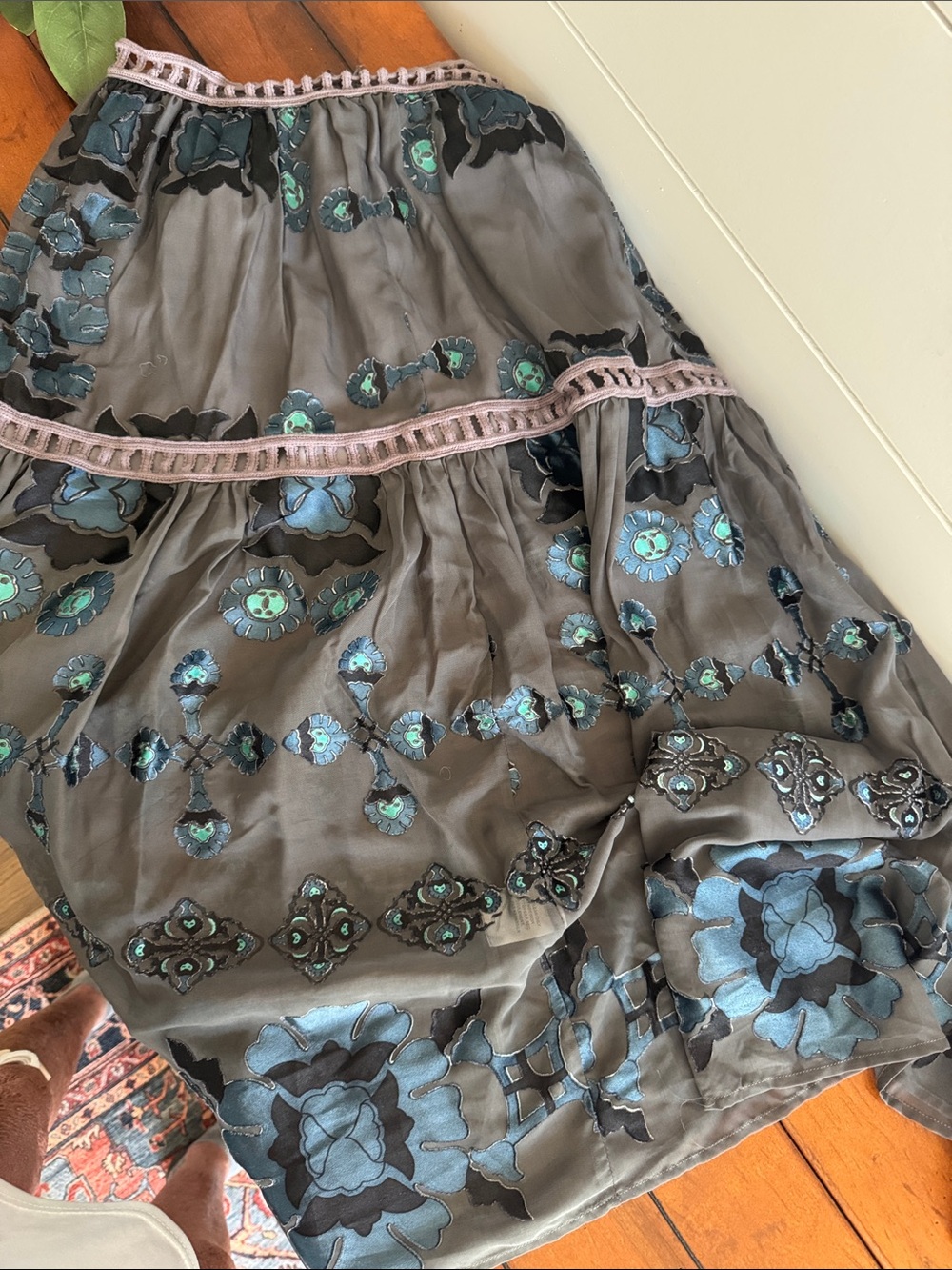 For Love of Lemons Embroidered Tiered Midi Skirt in Charcoal with Teal Accents